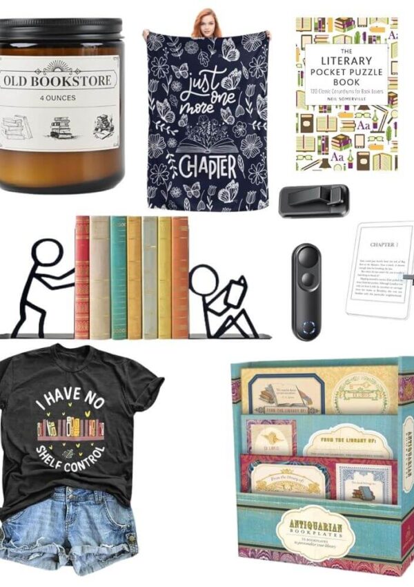 A collage of book-themed items including a candle, blanket, puzzle book, stapler, two stick-figure bookmarks, a stack of books, a black t-shirt with shorts, an e-reader, a reading light, and a decorative card box.