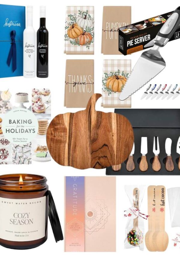 A collage of Thanksgiving-themed gift items, including wine bottles, fall cards, a pie server, recipe books, cheese knives, a candle, gratitude journal, hot chocolate kit, and a wooden pumpkin-shaped board.