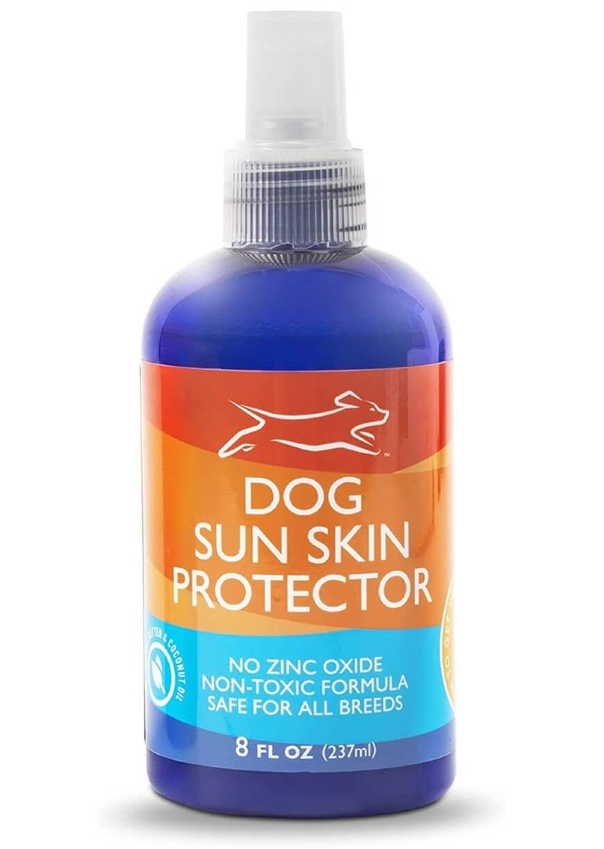 A blue spray bottle labeled Dog Sun Skin Protector with an orange label. It states No zinc oxide, non-toxic formula, safe for all breeds, and 8 fl oz (237 ml). A dog silhouette is shown above the text.