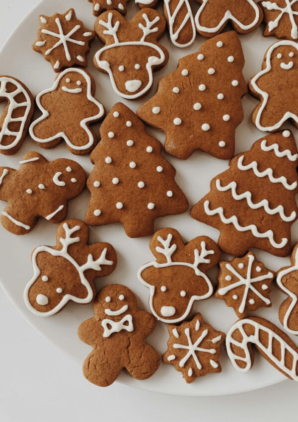 A plate of decorated gingerbread cookies shaped like gingerbread people, Christmas trees, reindeer, candy canes, and stars. Each cookie is outlined with white icing in festive patterns.