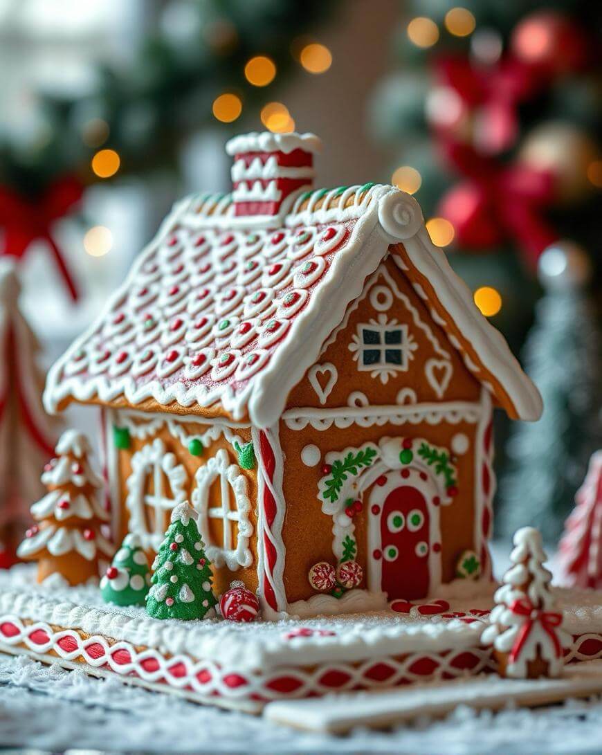 A decorated gingerbread house with white, red, and green icing details sits on a festive surface, surrounded by small gingerbread trees. Blurred Christmas lights and decorations are in the background.