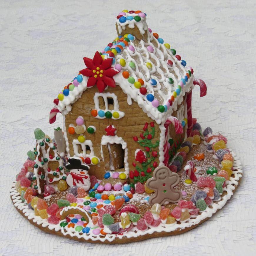A decorated gingerbread house with candy roof, icing, a candy cane fence, gumdrops, a gingerbread person, a snowman, a poinsettia flower, and a small candy Christmas tree on a round base.