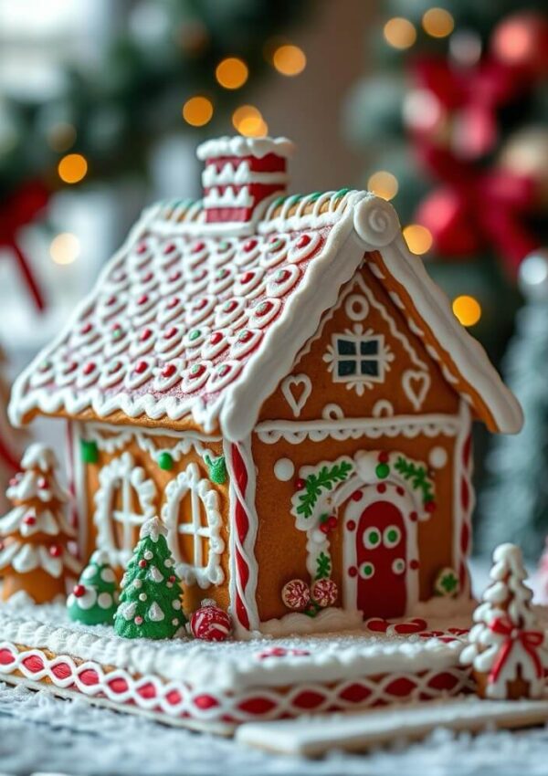 A decorated gingerbread house with icing, candy details, and small gingerbread trees sits on a table. Blurred Christmas lights and festive decorations are visible in the background.