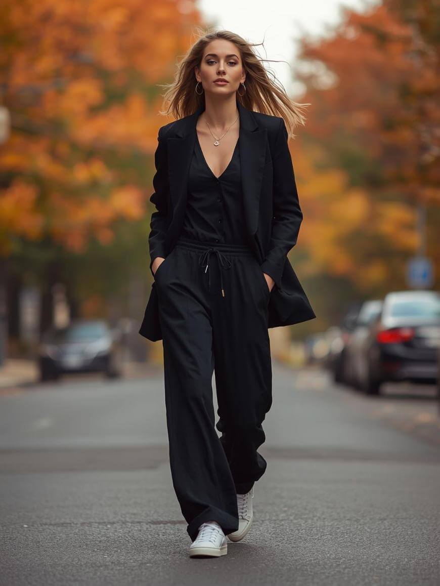 A woman wearing a black suit and white sneakers walks confidently down a street lined with trees featuring colorful autumn leaves. She has long blond hair and her hands in her pockets. Cars are parked along the road.