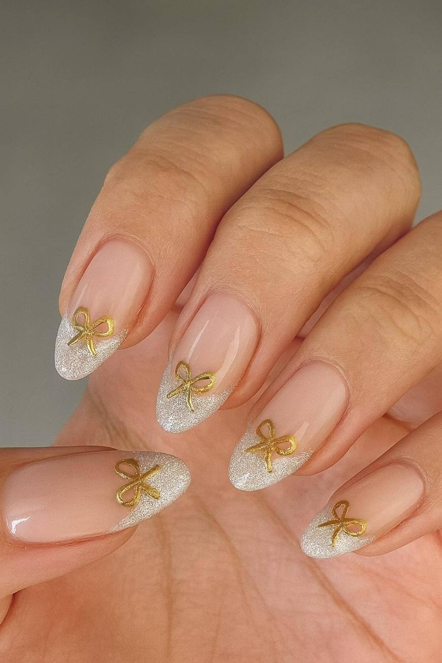 A hand with almond-shaped nails featuring a sheer nude base, white glittery tips, and small gold bow decorations on each nail.