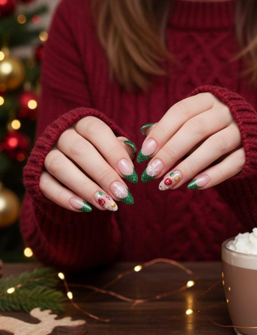 A person wearing a red sweater shows off festive Christmas-themed nails with green tips and holiday designs, sitting at a table with a cup of hot chocolate and holiday decorations in the background.