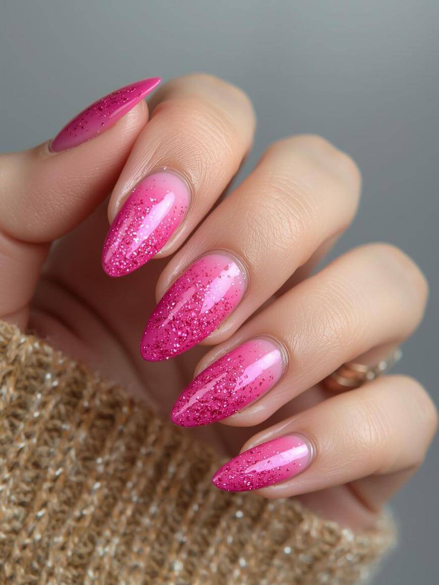 A hand with long, almond-shaped nails painted in a pink ombre style with glitter accents. The person is wearing a beige knitted sweater. The background is a soft, neutral gray.