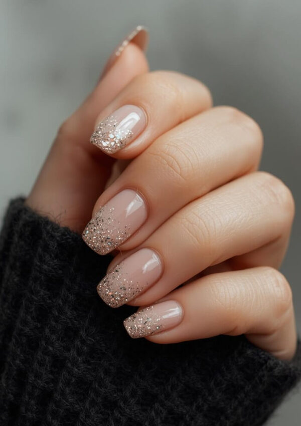 A hand with neatly manicured nails featuring a nude base and glittery gold tips, held against a dark ribbed sweater. The nails are medium-length and square-shaped.
