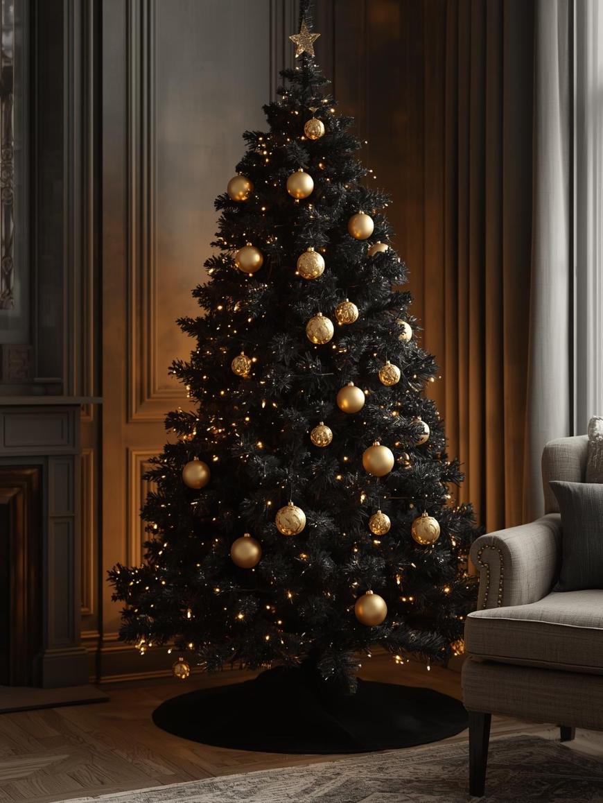 A black Christmas tree decorated with gold ornaments and warm white lights stands in a stylish, dimly lit living room beside a beige armchair and tall curtains.