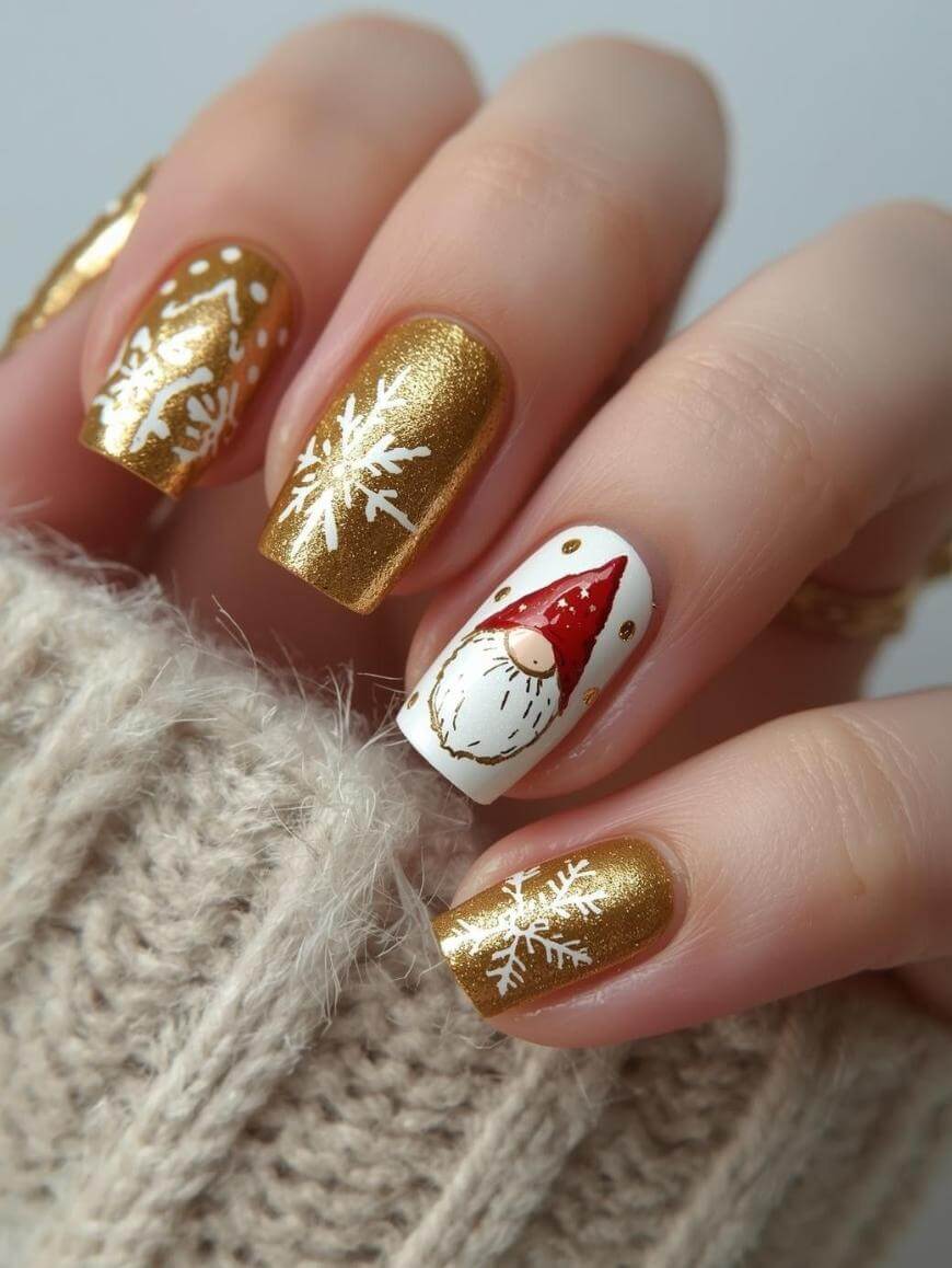A hand with festive nail art: gold nails with white snowflakes and one accent nail featuring a white background with a painted gnome wearing a red hat. The hand is holding a beige knitted fabric.