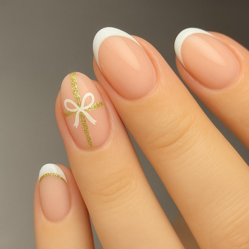 A close-up of a hand with a French manicure. One nail features gold glitter lines forming a cross with a small white bow design, while the other nails have simple white tips and a gold glitter detail.