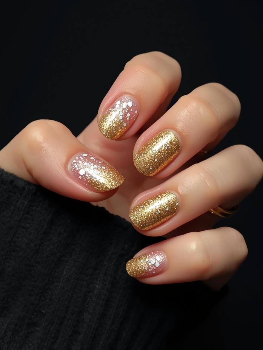 A hand with manicured nails featuring a gold glitter polish on three nails and white polka dots over a clear base on two nails, against a black background.
