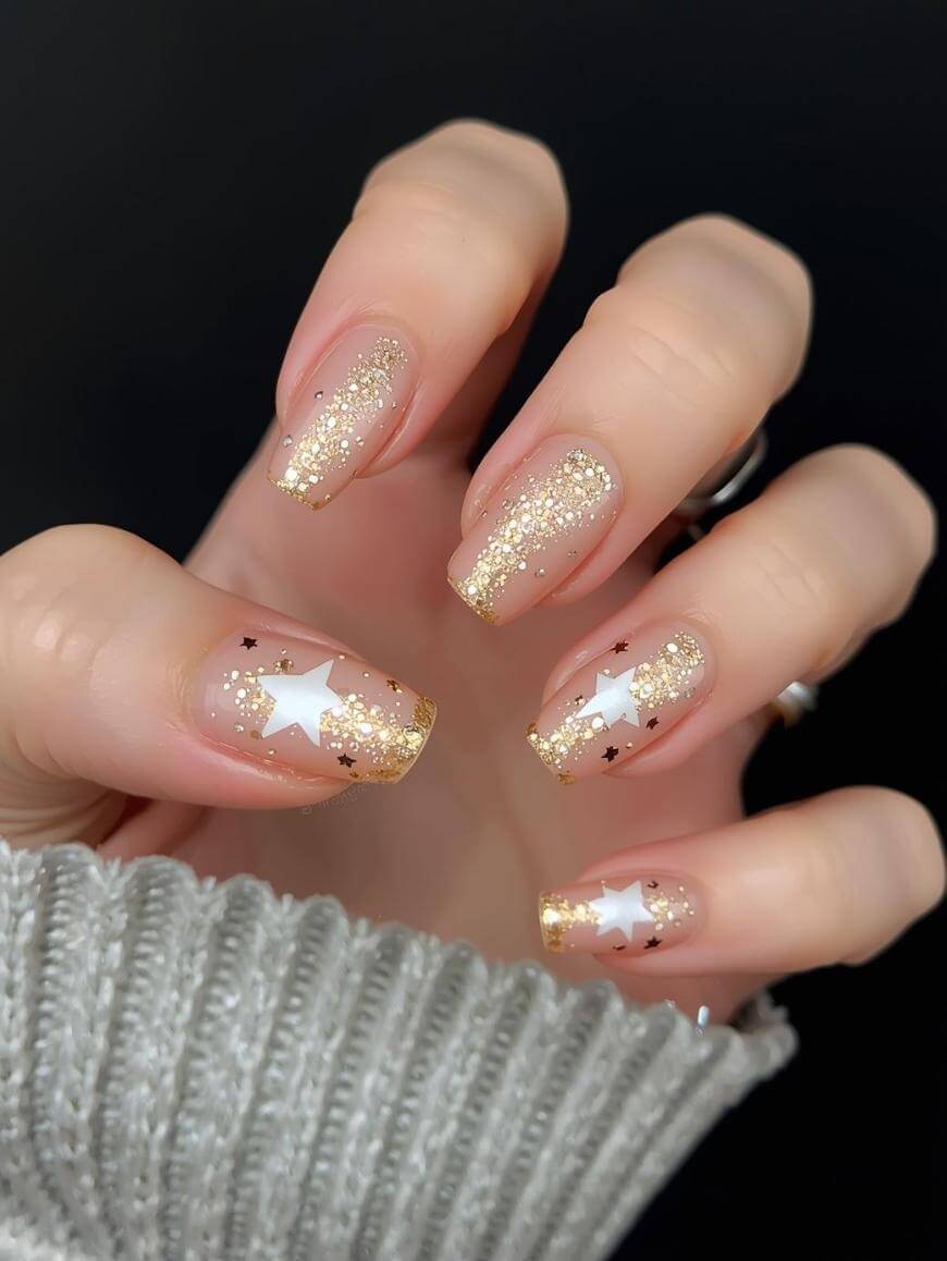 A hand with manicured nails featuring nude polish, gold glitter tips, and white star decorations, with tiny black stars scattered on some nails. The person is wearing a light gray ribbed sweater.