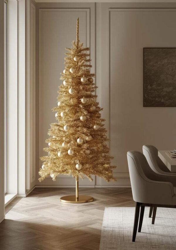 A gold Christmas tree decorated with gold ornaments stands in a bright, modern living room with light wood floors and neutral walls. A dining table with light gray chairs is nearby.
