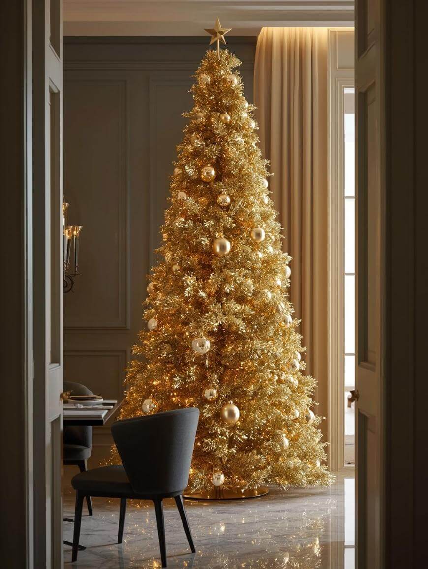 A tall, gold Christmas tree decorated with gold ornaments stands in an elegant room with gray walls, large windows, beige curtains, and a dark modern chair on a glossy floor.