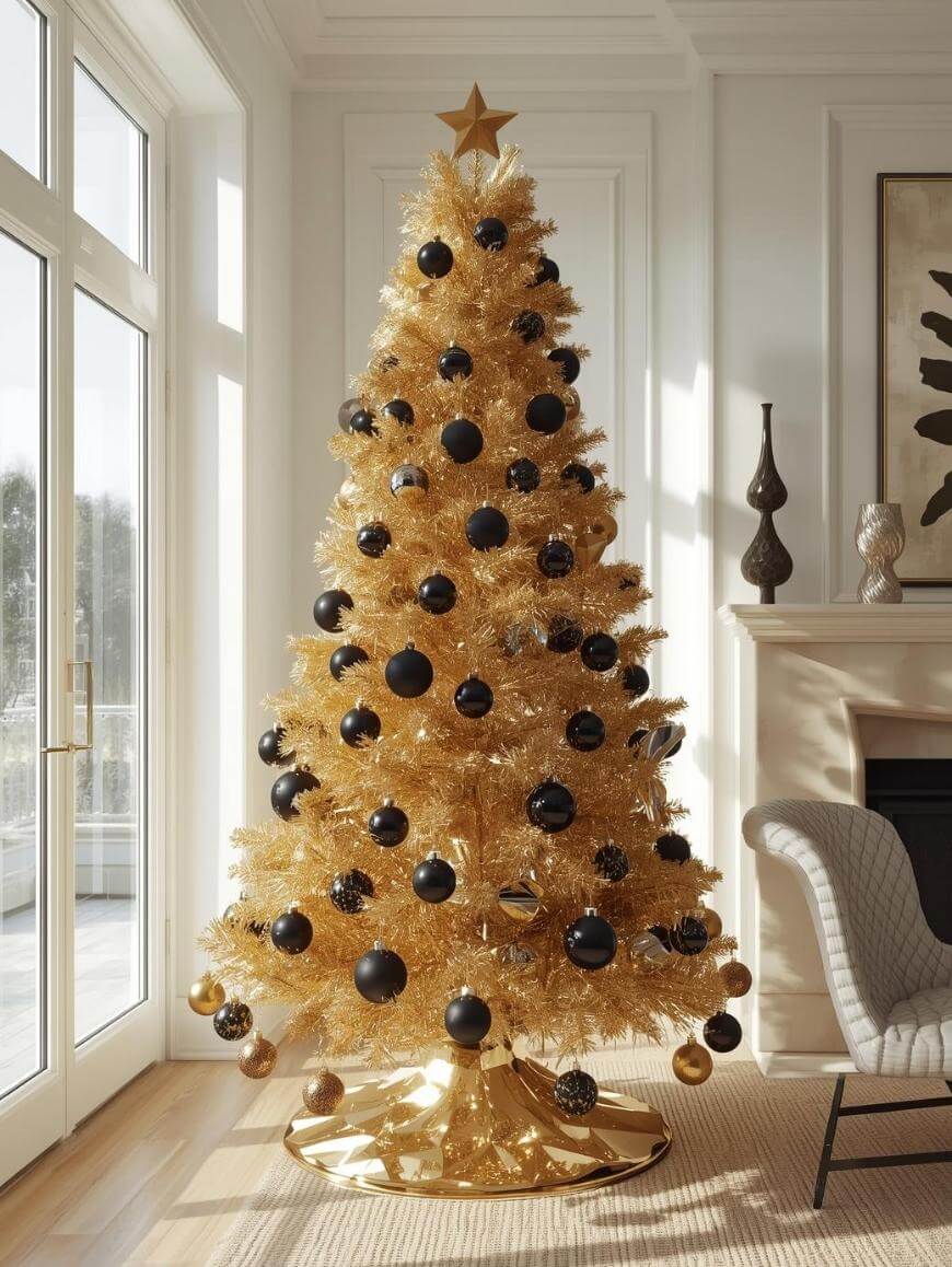 A gold Christmas tree decorated with black ornaments stands in a bright living room next to large windows. The tree has a gold star on top and a gold tree skirt. There is a fireplace and modern decor nearby.