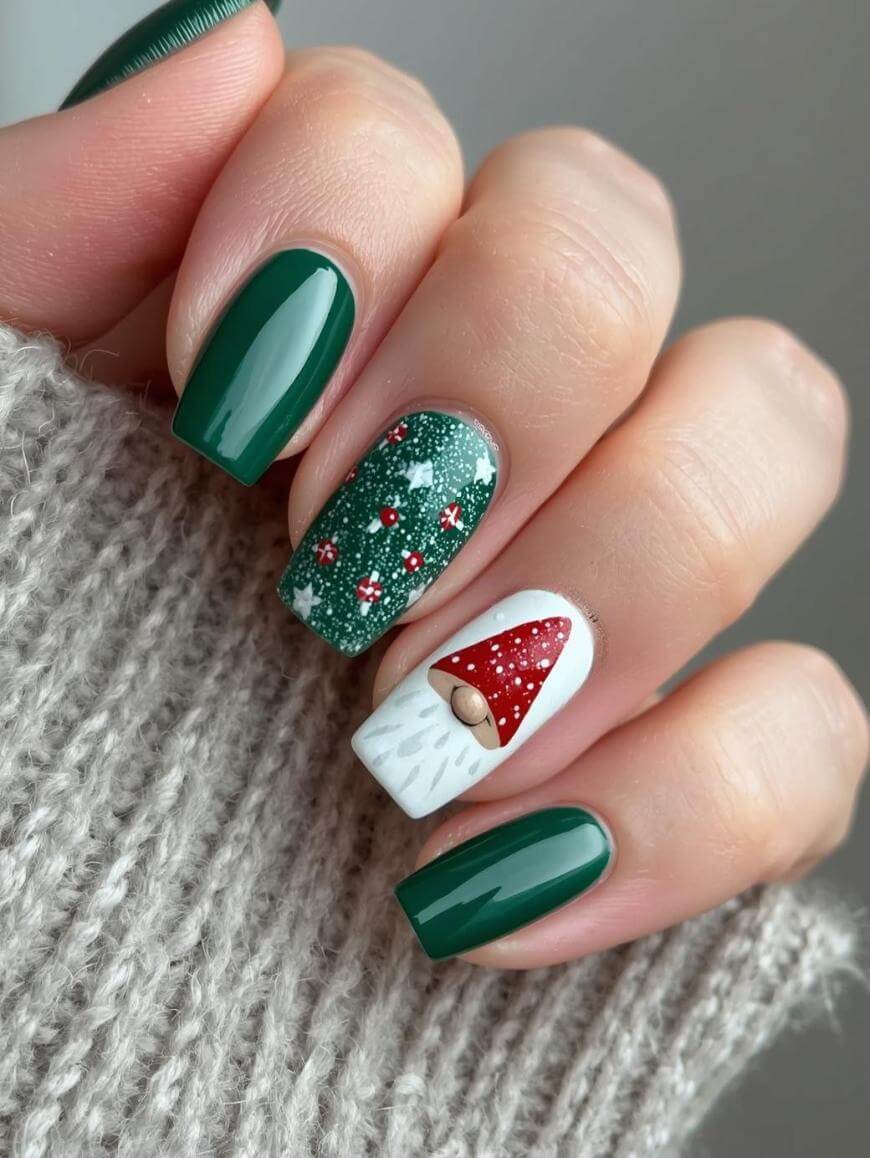 A hand with festive nail art: three nails are painted glossy green, one has a snowy Christmas design with red and white details, and one features a cute gnome wearing a red hat. The hand is in a gray knit sleeve.