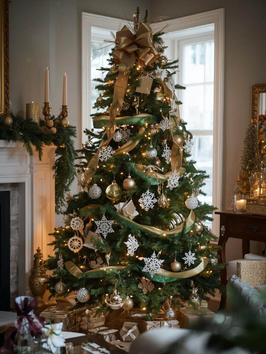 A decorated Christmas tree with gold ribbons, white snowflake ornaments, and gold baubles stands by windows in a cozy living room. Wrapped presents are underneath, and the room features candles and festive greenery.