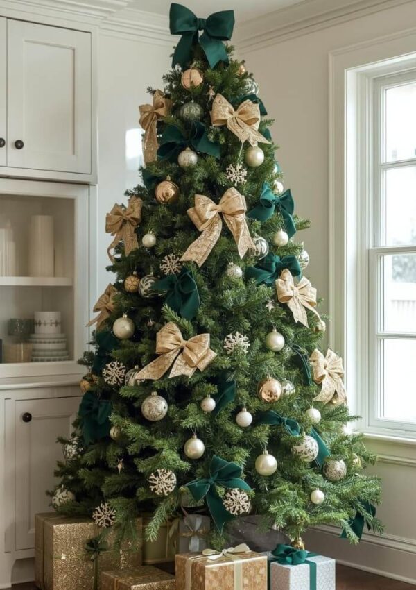 A decorated Christmas tree with gold and green bows, gold and white ornaments, and snowflake decorations stands by a window. Wrapped gifts with ribbons are placed underneath the tree.