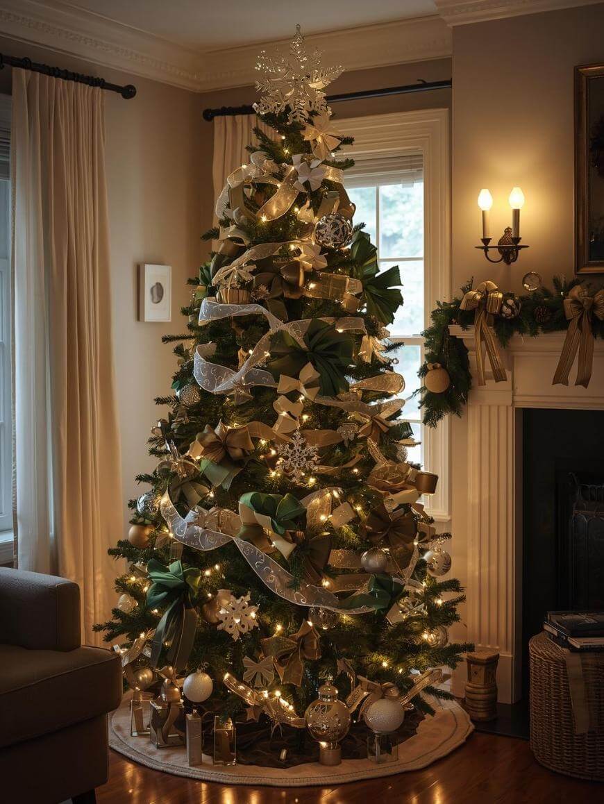 A beautifully decorated Christmas tree stands in a cozy living room, adorned with gold and white ribbons, ornaments, and twinkling lights. Wrapped presents are placed beneath the tree, and a lit garland decorates the nearby mantle.