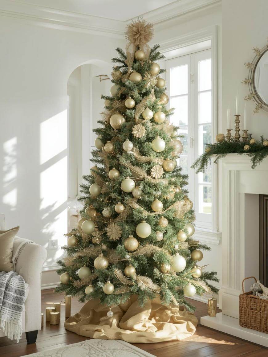 A Christmas tree decorated with gold and cream ornaments, ribbons, and a star topper stands in a bright living room near a window and a fireplace adorned with garland and candles. Wrapped presents are placed at the base of the tree.