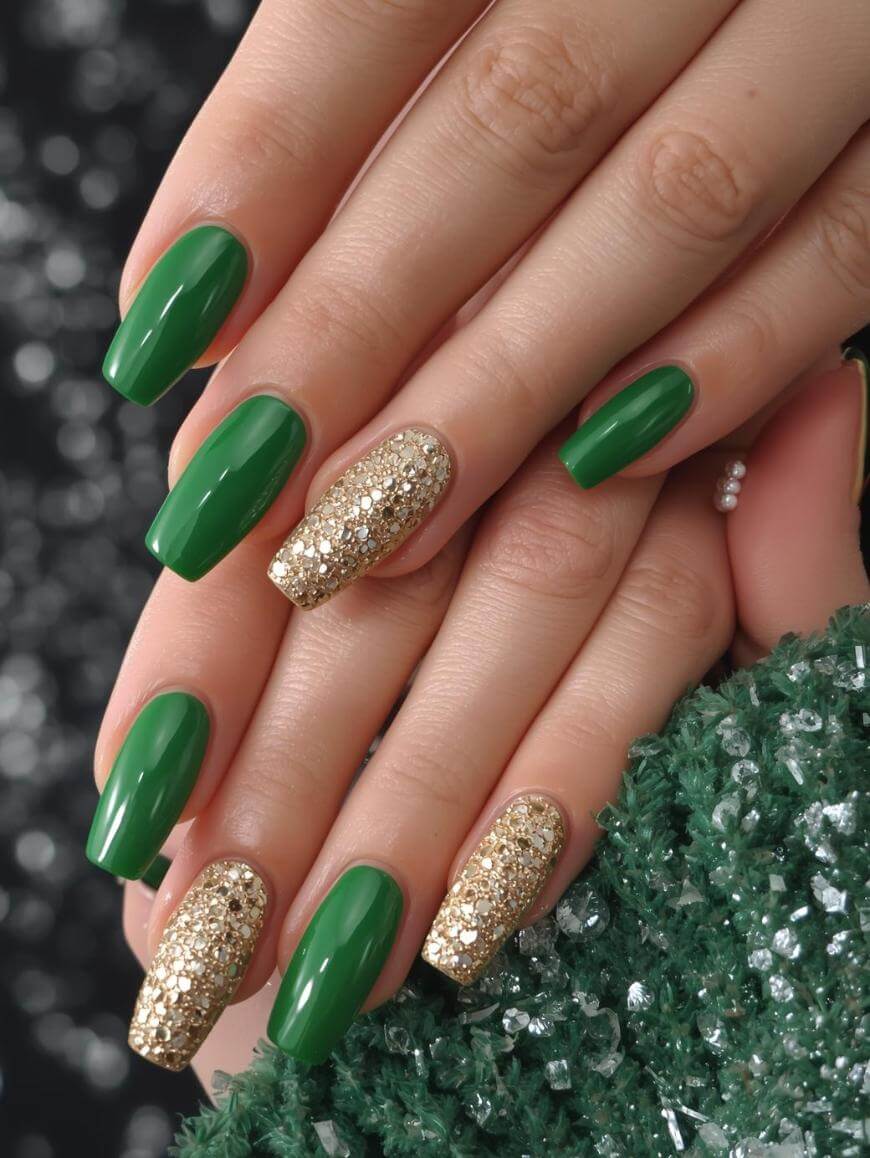 A close-up of hands with manicured nails painted green, except for the ring fingers, which are decorated with sparkling gold glitter polish. The background is blurred with dark and green tones.
