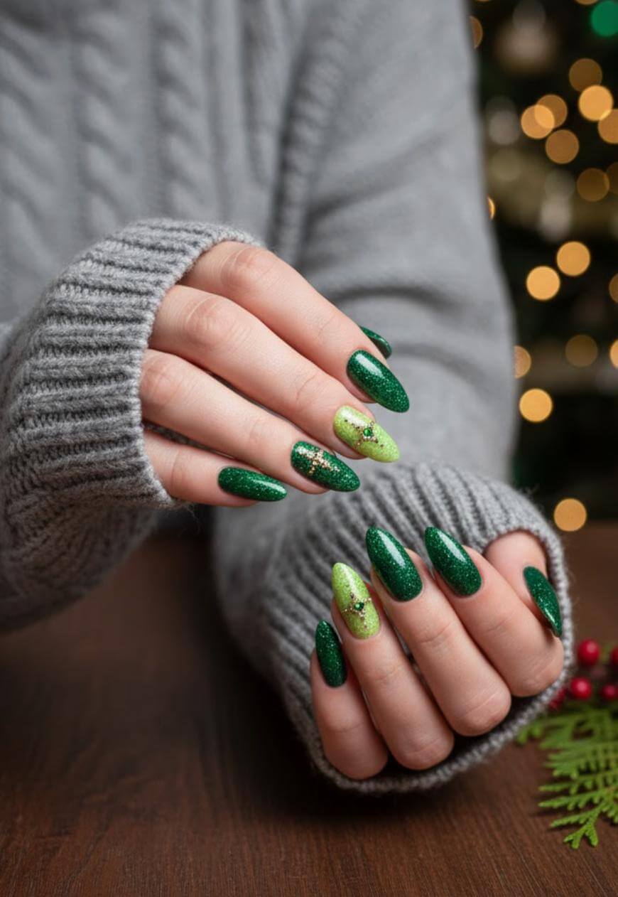 A person wearing a gray knit sweater shows their hands with long, almond-shaped nails painted in sparkly dark green and light green, featuring Christmas-themed nail art and glitter accents.