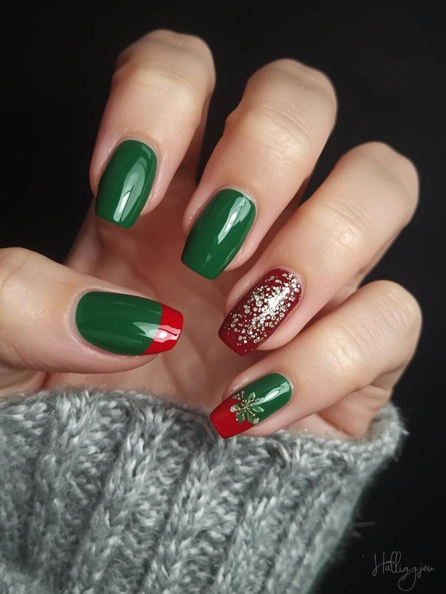 A hand with manicured nails in festive colors: glossy green and red, one nail with red glitter, and another with a small gold bow design. The person is wearing a gray knit sweater.