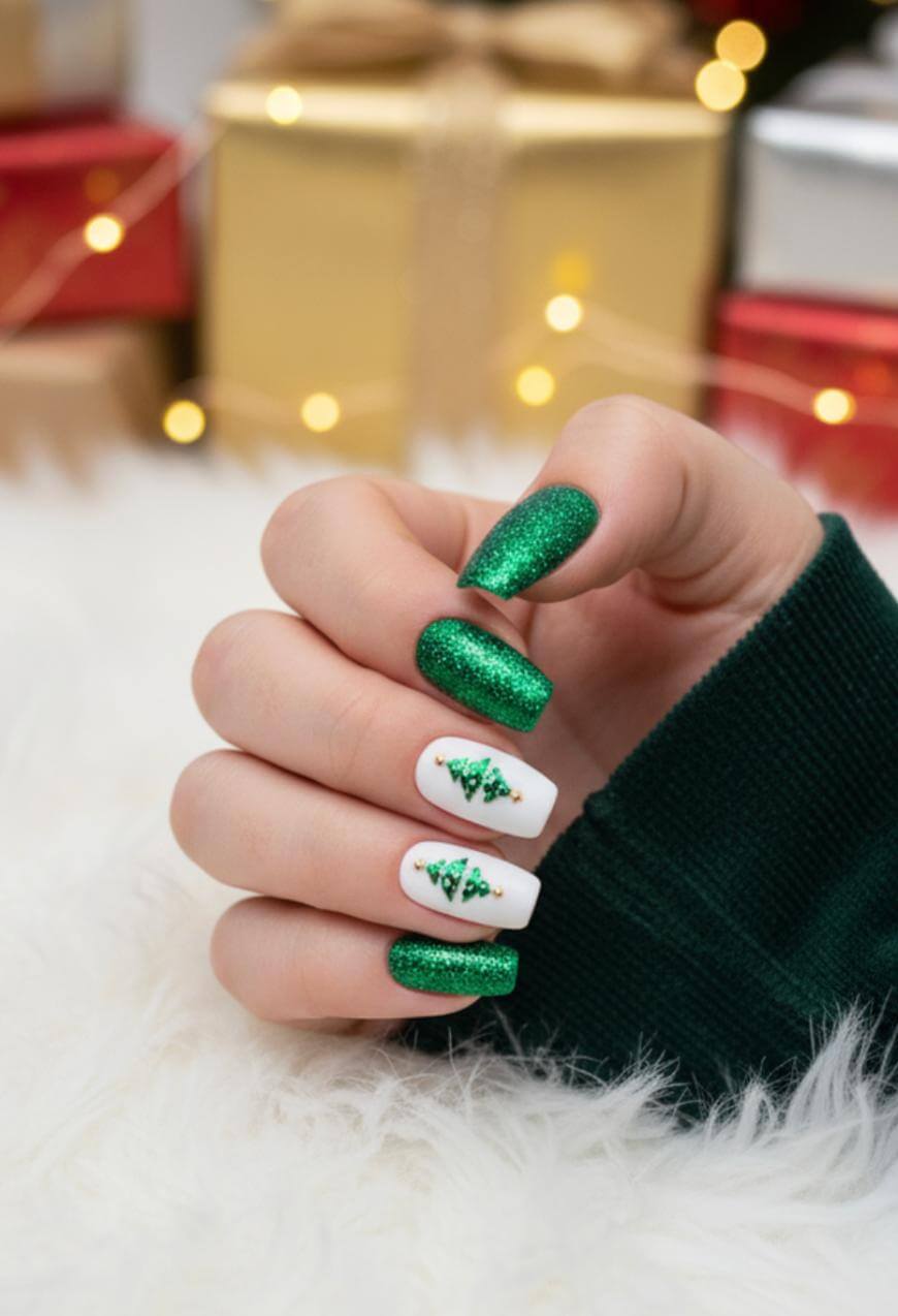 A hand with festive manicure featuring green glittery nails and two white accent nails decorated with Christmas tree designs. Gift boxes and soft lights are blurred in the background.