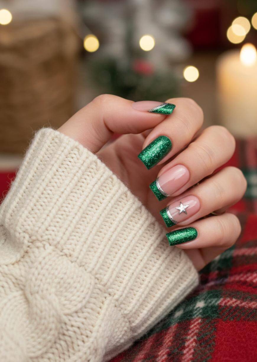 A hand with green glittery French tip nails, one nail featuring a silver star, rests on a red and green plaid surface. The person wears a cream cable-knit sweater; blurred festive lights are in the background.