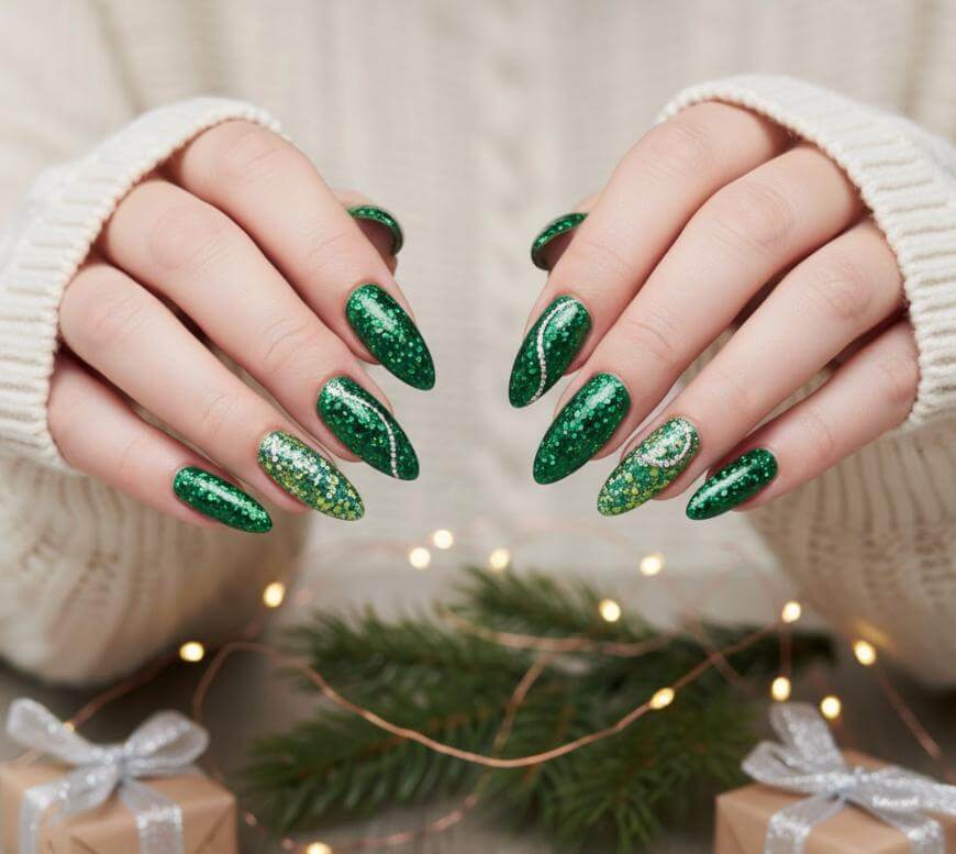 A person wearing a cream sweater displays manicured nails painted with green and glittery designs over a Christmas-themed background with pine branches, string lights, and small wrapped gifts.