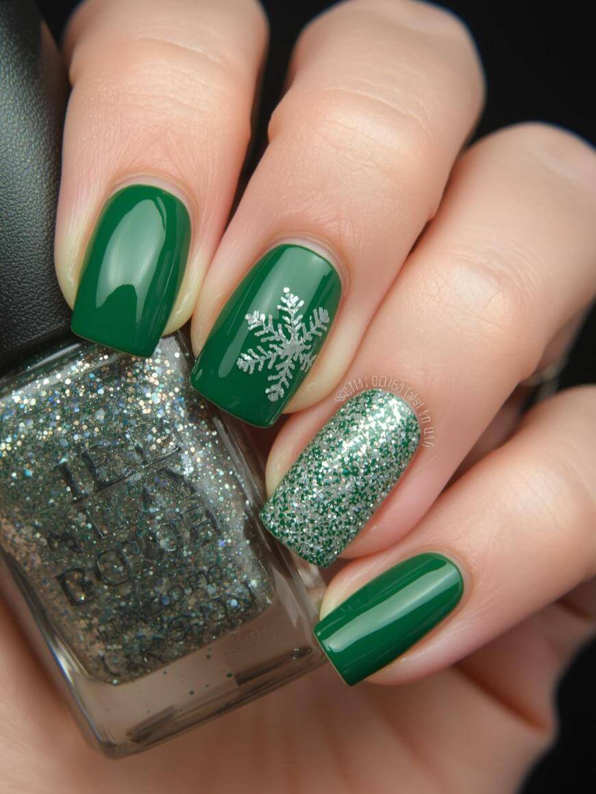 A hand with green painted nails; one nail features a silver snowflake design, and another is covered in silver glitter. A matching silver glitter nail polish bottle is held in the hand.
