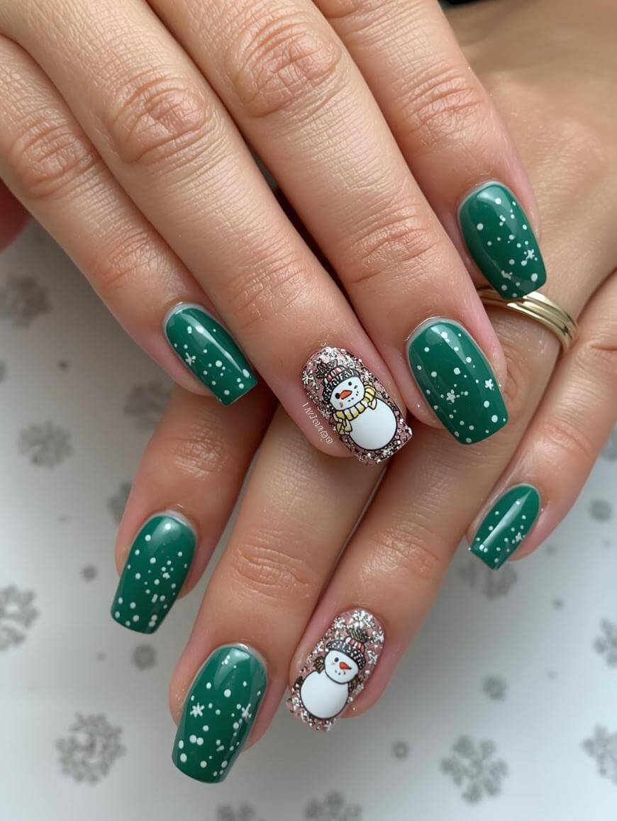 Hands with green Christmas-themed nails decorated with white snowflakes. Ring fingernails have sparkly silver polish and a cute snowman design. The background features faint snowflake patterns.