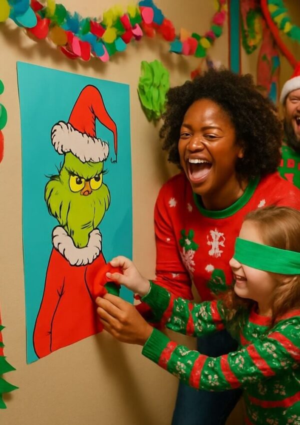A laughing woman and a blindfolded girl play “Pin the Heart on the Grinch” in a festive hallway, while a man in a Christmas sweater smiles in the background. The scene is decorated with colorful holiday ornaments.