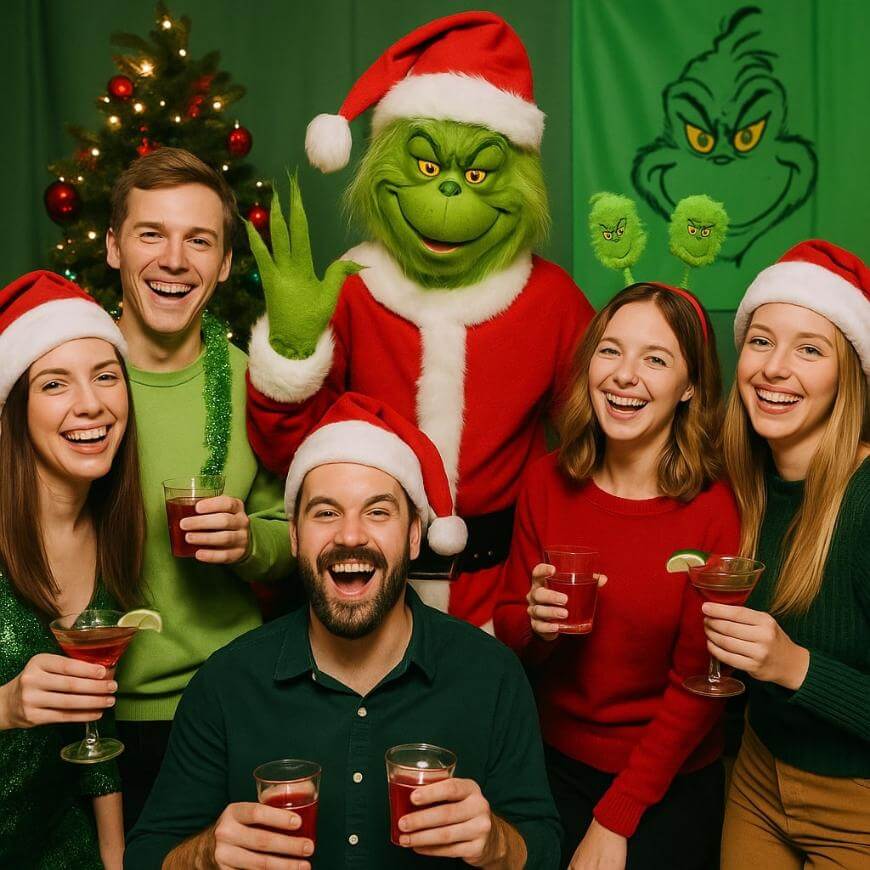Five people in festive clothing and Santa hats smile and hold drinks, posing with someone dressed as the Grinch in front of a Christmas tree and a green banner with the Grinch’s face.