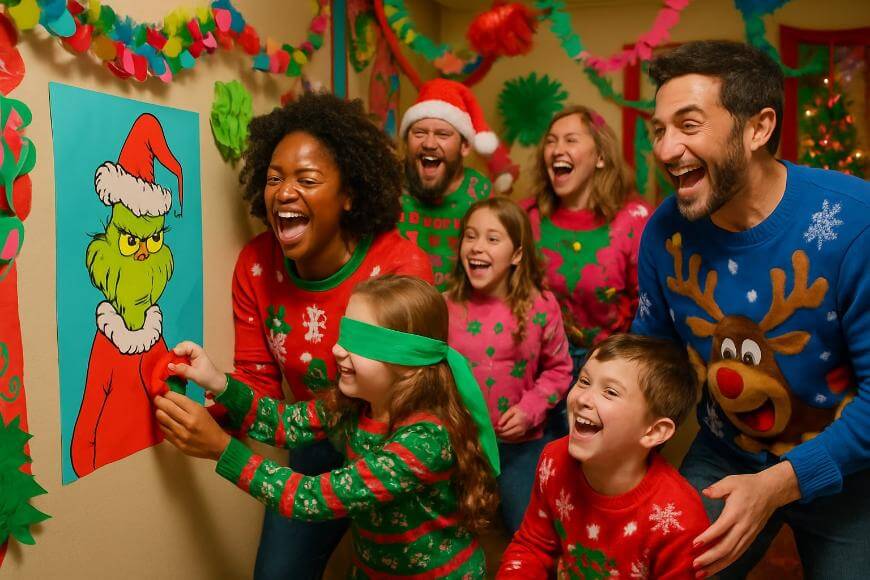 A group of people in festive sweaters laugh and cheer as a blindfolded girl plays a Pin the Heart on the Grinch game at a colorful holiday party.