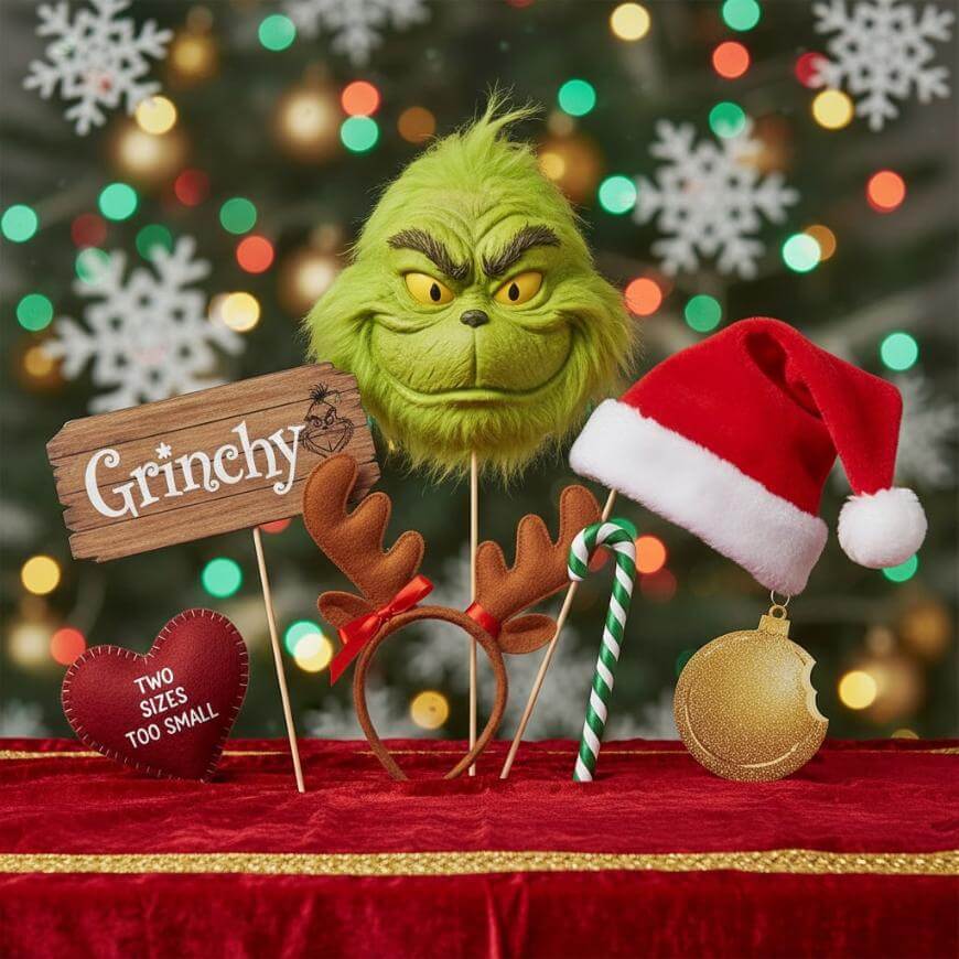 A Grinch mask, reindeer antler headband, Santa hat on a stick, and Christmas props displayed on a red cloth with a decorated Christmas tree and blurred lights in the background.