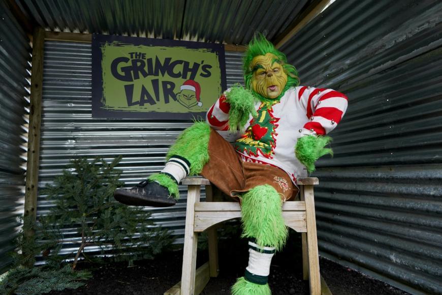 A person dressed as the Grinch, wearing green fur and a festive sweater, sits with one leg up on a wooden chair in a corrugated metal shed. A sign behind reads The Grinchs Lair.