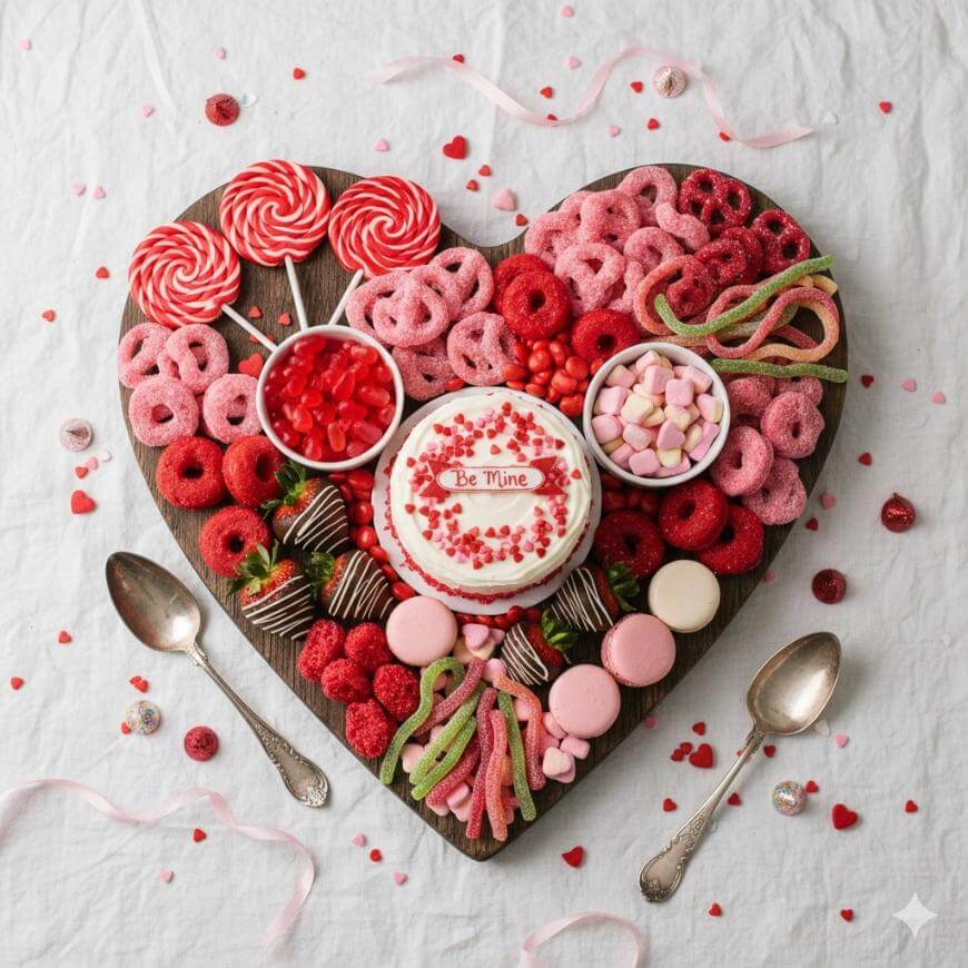 A heart-shaped wooden platter covered with assorted pink and red Valentine’s sweets, including lollipops, doughnuts, chocolate-dipped strawberries, marshmallows, candies, and a cake reading Be Mine, with two spoons beside it.