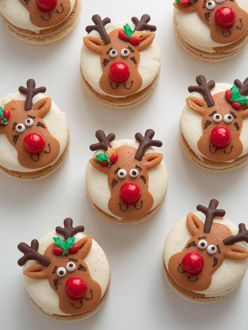 Nine festive macarons decorated with reindeer faces, featuring red noses, chocolate antlers, and holiday details, arranged on a white background.