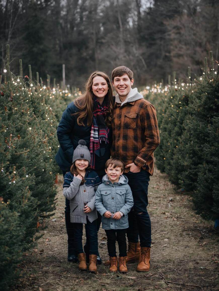 A smiling family of four stands between rows of Christmas trees outdoors. The parents stand behind their two young children, all wearing winter clothes. String lights decorate the trees, and a forest is visible in the background.