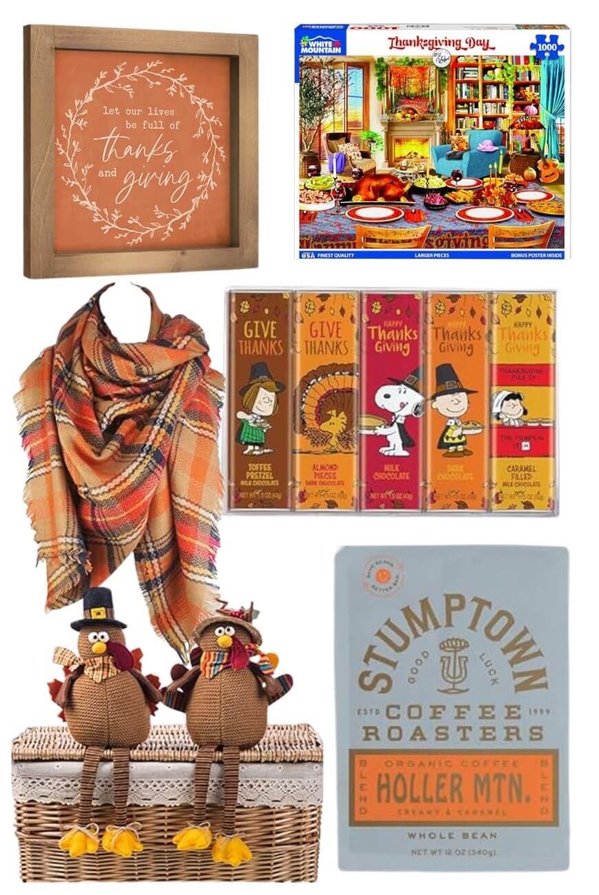 A collage featuring a thanks and giving sign, a Thanksgiving Day puzzle, a plaid scarf, Peanuts Thanksgiving books, Stumptown coffee, and two turkey dolls sitting on a wicker basket.