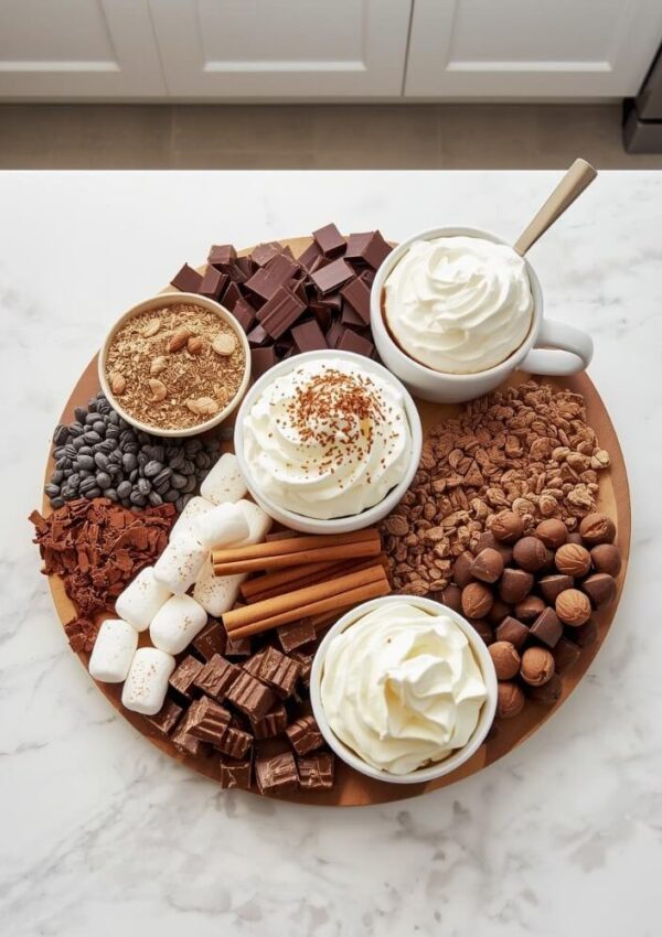 A round wooden board topped with three mugs of hot chocolate with whipped cream, surrounded by marshmallows, chocolate pieces, cinnamon sticks, chocolate chips, nuts, and crumbled toppings on a white countertop.