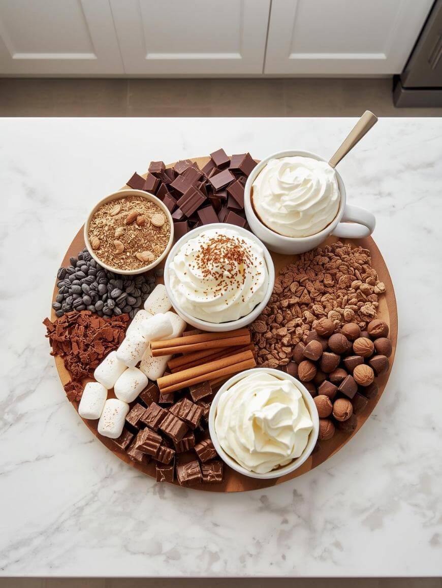 A round wooden platter with mugs of whipped cream-topped hot chocolate, surrounded by chocolate pieces, marshmallows, chocolate chips, cinnamon sticks, hazelnuts, crushed cookies, and cocoa powder on a marble counter.