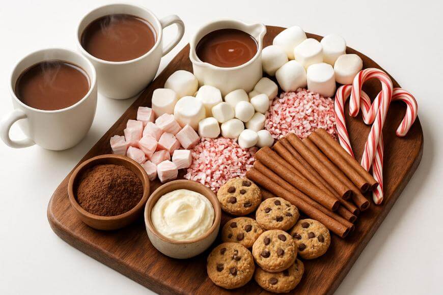 A wooden tray with two mugs of hot chocolate, marshmallows, peppermint bits, pink candies, candy canes, cinnamon sticks, cocoa powder, whipped cream, and mini chocolate chip cookies on a white background.