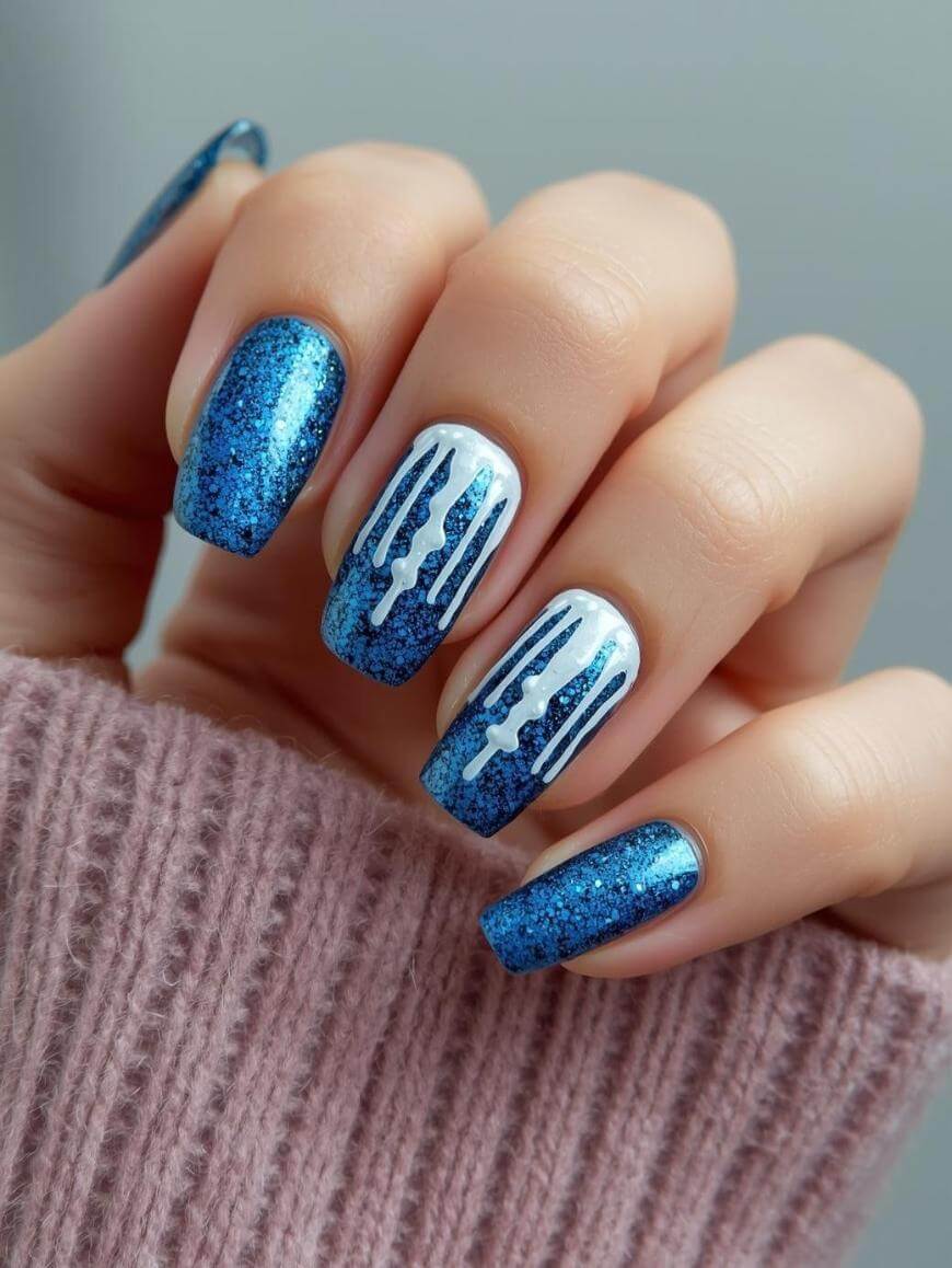A hand with long, square-shaped nails painted blue with glitter; two nails feature white and blue icicle designs. The person is wearing a mauve knitted sweater.