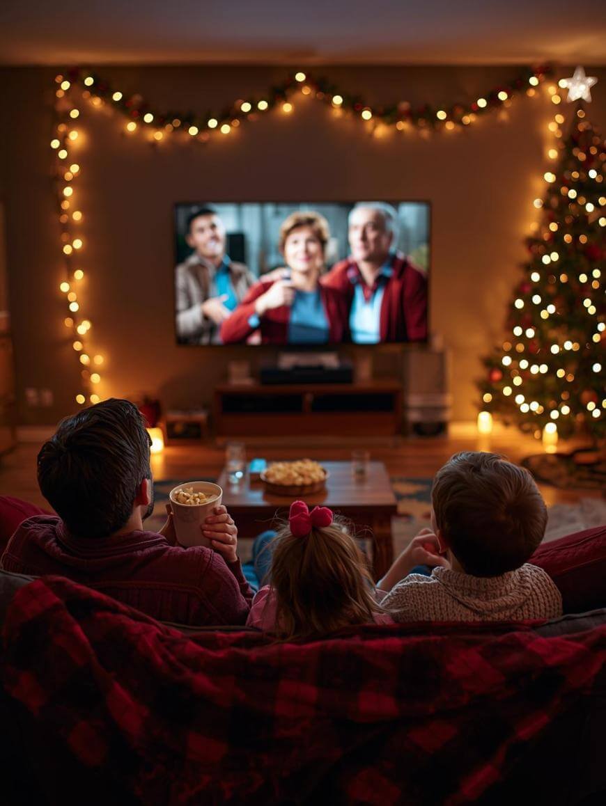 A family of three sits on a couch in a cozy, dimly lit living room decorated with Christmas lights, watching a holiday movie on a large TV. A Christmas tree and snacks are visible.