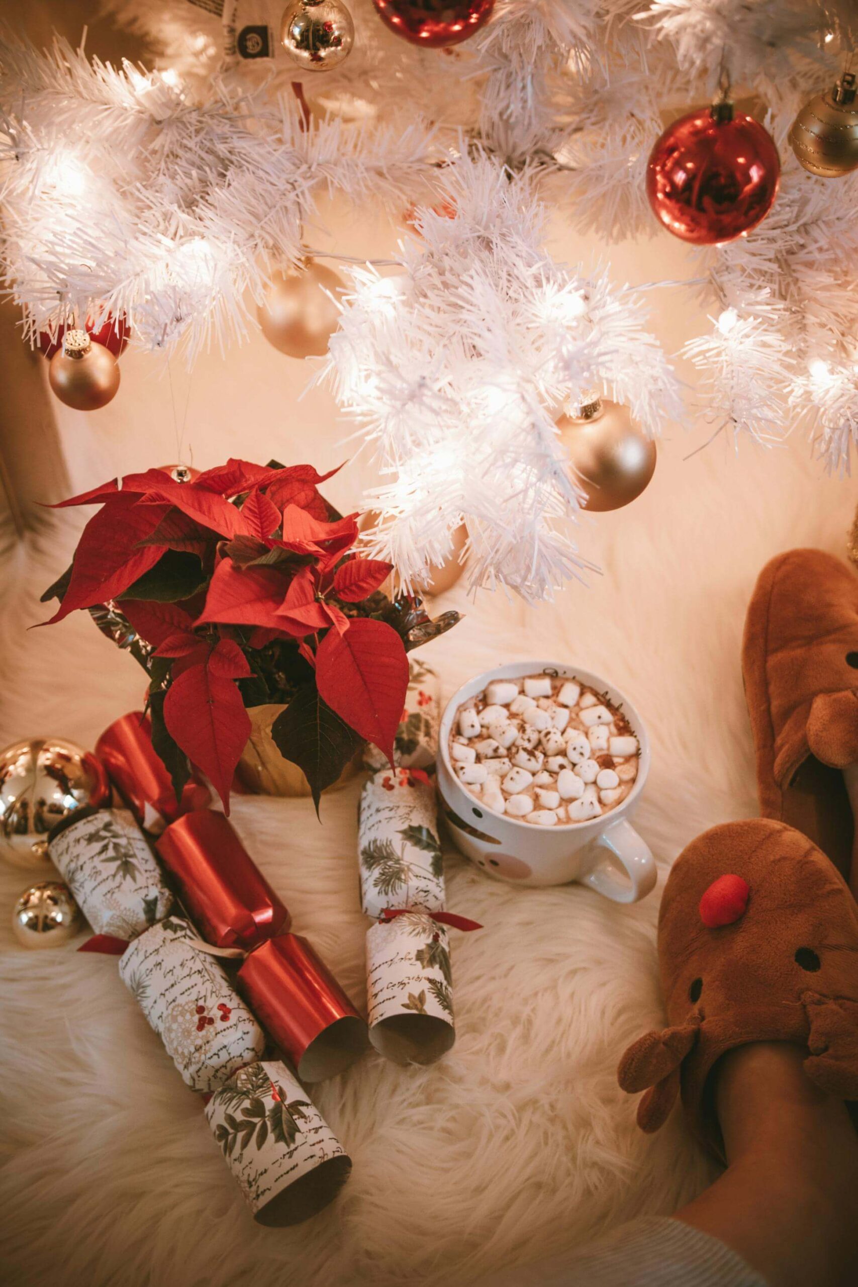 A cozy holiday scene with a cup of hot chocolate topped with marshmallows, a red poinsettia plant, Christmas crackers, and reindeer slippers under a decorated white Christmas tree with lights and ornaments.