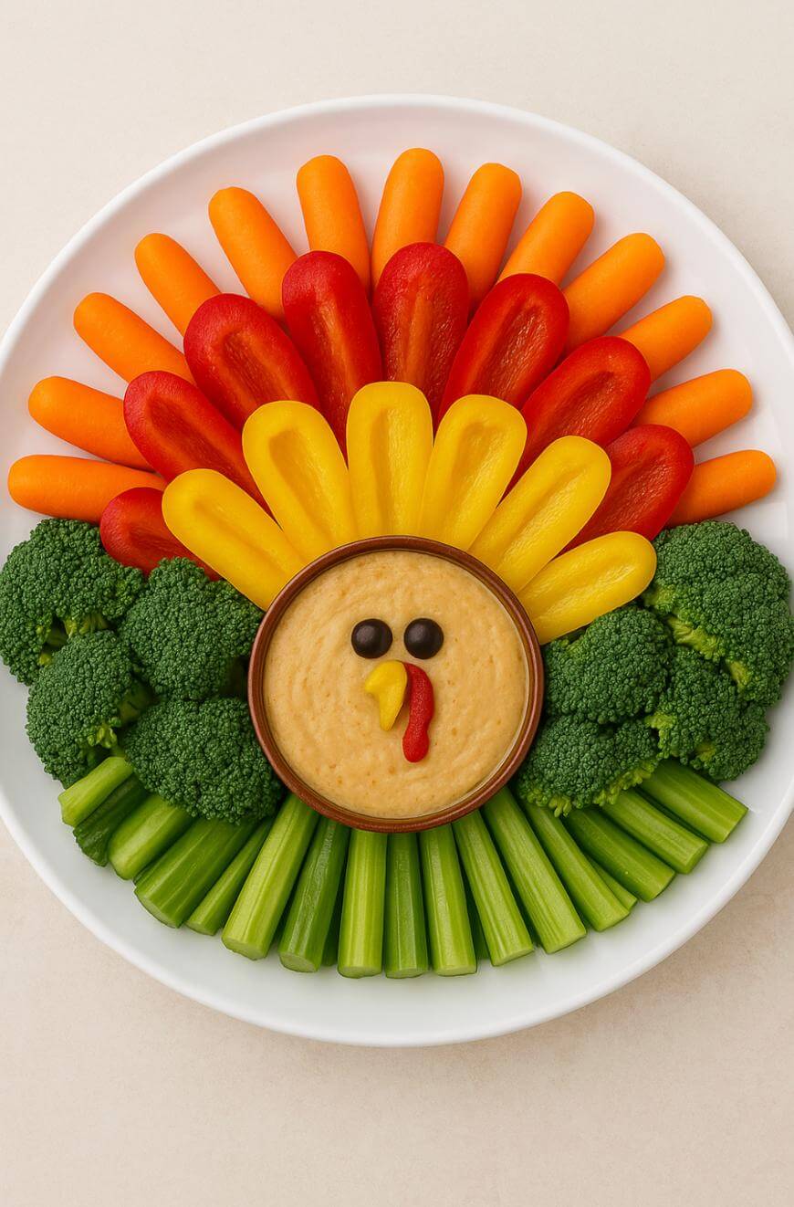 A veggie platter arranged like a turkey with hummus as the face, decorated with olives and peppers, surrounded by rows of carrots, red and yellow peppers for feathers, and broccoli and celery for the body and wings.