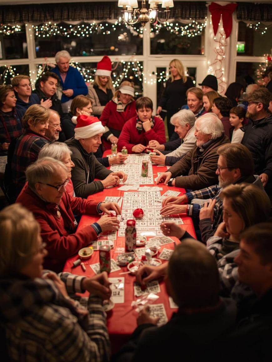A large group of people of various ages sit around a long table playing bingo in a festive, warmly lit room decorated with Christmas lights and ornaments. Everyone appears engaged and joyful.